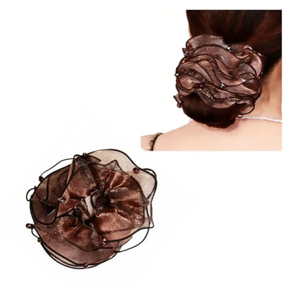 Hair Scrunchie, Black and Blue Ombre, Organza Fabric, Floral Ruffle Design with Rhinestone Embellishments (1, khaki, Large) - color: khaki