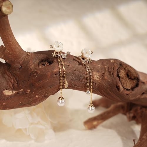 14K Gold Plated CZ Flower Dangle Earrings for Women, Sparkly Cubic Zirconia Long Tassel Drop Earrings, Bridal Wedding Jewelry - color: A:Flower Pearl Earrings