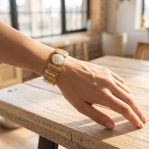 Chunky Hammered Geometric Bangle Bracelets Gold Coin Statement Cuff for Women Boho Elastic Adjustable Statement Bracelet