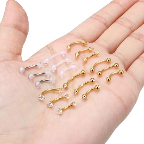 Lcolyoli 18pcs 16G Clear Bioflex Acrylic & Stainless Steel Eyebrow Barbell Rook Daith Earrings Belly Studs Cartilage Tragus Barbell Body Piercing Jewelry Retainer 6mm 8mm 10mm - color: C:18pcs/gold-tone