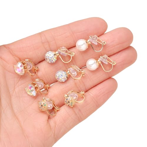 Tornito 10-15 Pairs Clip on Stud Earrings Non Pierced Teardrop Round Square CZ Pearl Twist Knot Flower Butterfly Heart Star Rainbow Cat Opal Clip on Earrings for Women - color: D: 15 Pairs Gold Tone