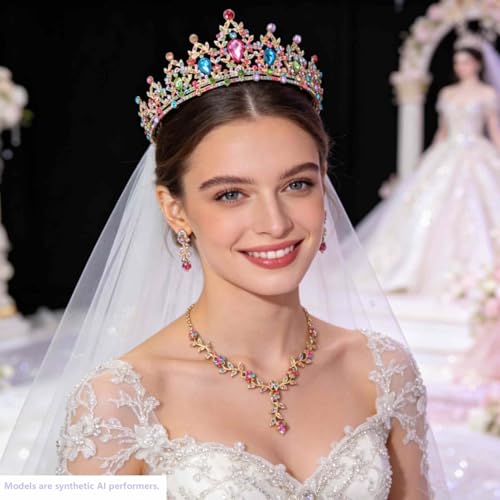 Kamirola Tiaras and Crowns for Women,Tiaras Earrings Necklace, Crystal Bridal Jewelry Set, Costume Party Halloween Prom Pageant Jewelry for Women(TR45) - color: Gold Mix Color
