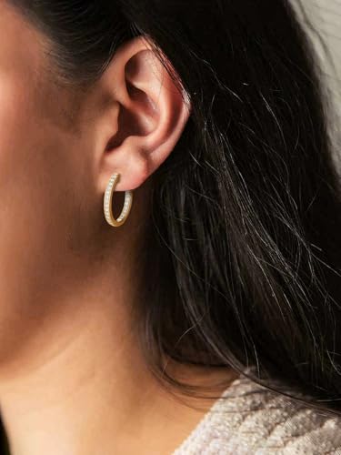 Moissanite Hoop Earrings for Women, 3.5ct/0.76ct D Color VVS1 Yellow Gold Plated Earrings, 925 Sterling Silver Inside Out Round Loops/Six Stone 20mm Hoops, Birthday Christmas Valentines Jewelry - color: Yellow Gold - Pave
