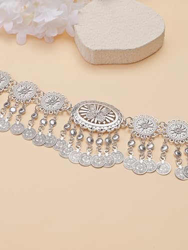 CHIC DIARY Metal Chain Belt for Women Coin Belly Link Tassel Belt for Dress | Boho Style Coin Pendant Tassel Belt Gold/Silver Adjustable Concho Belly Dance Belts for Dresses Skirts Jeans - color: Silver-dance