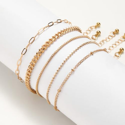 Women’s 14K Gold Plated Ankle Bracelet Set, Waterproof Cuban Figaro Link Chain – Adjustable Boho Chic Summer Anklets