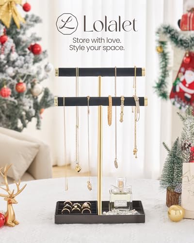 Lolalet 2-Tier Necklace Holder Display, Jewelry Stand with Ring Tray -Black | Velvet Wrapped Jewelry Organizer, Tall Bracelet Stand for Bangles Watches Earrings, Gifts for Mom Girls Women Mother's Day - color: Black