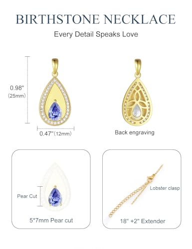 Birthstone Pendant Necklaces for Women 925 Sterling Silver Teardrop Pendant Necklace Birthday Jewelry Gift, 18"+2" Inches - color: 12 - Blue Topaz