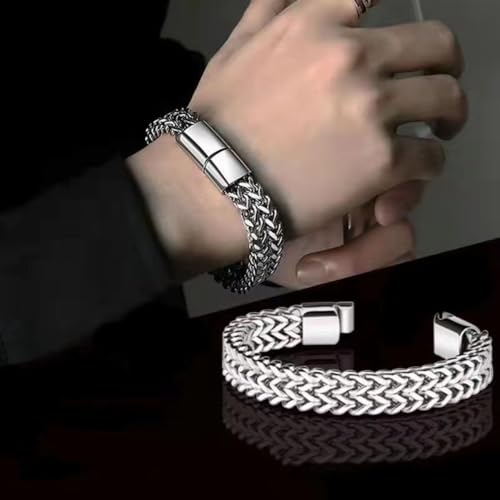 Stainless Steel Double Row Braided Cuban Chain Bracelet Men Jewelry | Bracelet Double Row Square Chain Men's Hip Hop Fashion Party Gold and Silver Chain - Gift for Husband, Son, Father - color: silvery, size: 21cm