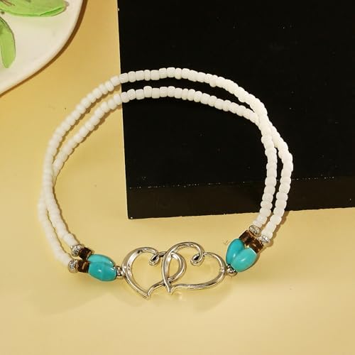Elastic Beaded Ankle Bracelets for Women Double Heart Layered Stretch Ankle Bracelets Waterproof Dainty Boho Beaded Anklets for Summer Beach Foot Jewelry - color: White Silver