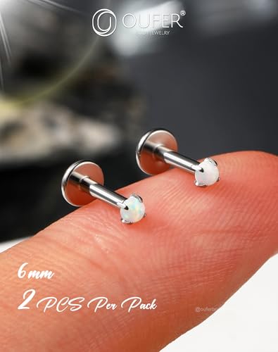 OUFER 2PCS 16G/20G Nose Lip Studs, G23 Solid Titanium Threadless Push in Nose Nostril Lip Labret Medusa Monroe Helix Cartilage Tragus Conch Lobe Piercing Jewelry for Women Men - color: Silver bar, Claw Opal, size: 2pcs, 16g 6mm, 1.5mm Opal