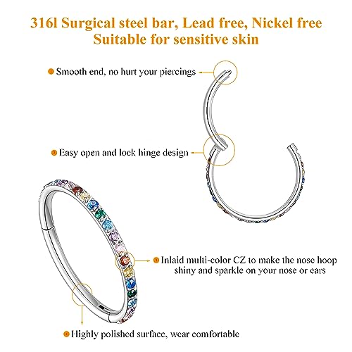 MissNity 20G, 18G, 16G, 14G Hinged Nose Rings Hoop with Gem in 316L Surgical Steel, Septum Clicker Cartilage Earrings Conch Daith Helix Rook Ear Lobe Piercing Jewelry, Diameter 6mm to 12mm - color: 07: Steel - Multi-colored CZ