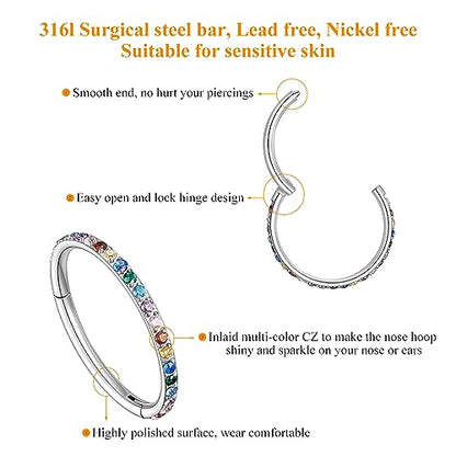 MissNity 20G, 18G, 16G, 14G Hinged Nose Rings Hoop with Gem in 316L Surgical Steel, Septum Clicker Cartilage Earrings Conch Daith Helix Rook Ear Lobe Piercing Jewelry, Diameter 6mm to 12mm - color: 07: Steel - Multi-colored CZ