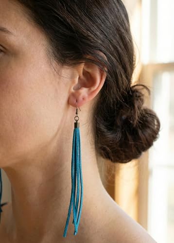 Handmade Genuine Leather Earrings for Women – Long Teardrop Boho Dangles, Lightweight Statement Fashion Jewelry - style: Springs-Turquoise Blue