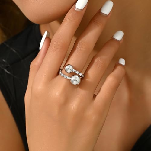 Adjustable Rings for Women 18K Gold Plated daisy Flower Butterfly Ball Cubic Zirconia Rings Dainty Open Stacking Ring - color: Double Ball-White Gold