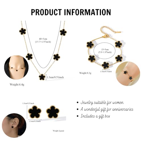 14K Gold-Filled Clover Necklace For Women - Classic Five-Leaf Flower Set Bracelet Necklace Earrings Jewelry Set, Five Leaf Clover Necklaces Dainty Lucky Clover Jewelry - color: Pink - Clover Necklace