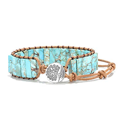 sedmart 7 Chakra Bracelets for Women with Real Stones Leather Wrap Healing Bead Bracelet Women Men Boho Friendship Jewelry - color: A9 Colorful tree button & Turquoise