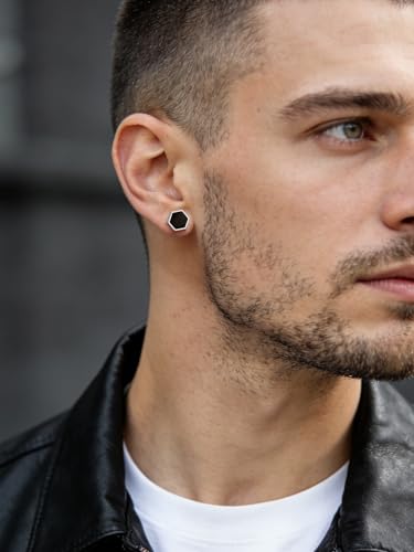 ChicSilver 925 Sterling Silver Viking Rune Natural Black Onyx Stud Earrings For Women Men - style: D: Hexagon Black Onyx