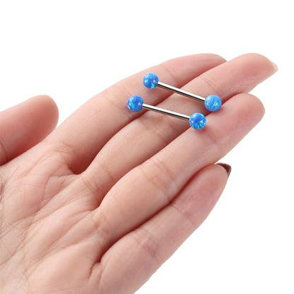 Opal Nipple Rings G23 Titanium Nipple Jewelry for Women Bridge Rings | 14G Nipple Piercings,Internally Threaded Nipple Barbells,1 Pair Tongue Rings,Nipple Bars,Straight Barbells 12mm-18mm - color: Styele2:Blue Opal,Silver, size: 14G+9/16"(14mm)