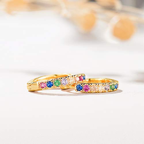 Dremmy Studios Dainty CZ Huggie Hoop Earrings 14K Gold Plated Chunky Simple Cute Thick Round Frill Bead Ball Starburst Cuff Earrings Cubic Zirconia Hoop Earrings Minimalist Personalized Gift for Her - color: Rainbow A