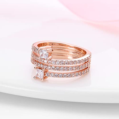 KUNSIR 925 Sterling Silver Rings Classic Cubic Zirconia Eternity Promise Statement Anniversary Wedding Bands Engagement Rings for Women Infinity Forever Love Ring Size 7-9 - style: Three-ring spiral rose gold-set clear zircon ring