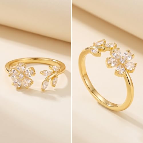 Ladies' Alloy Flower Leaf Open Ring, Silver Tone with Crystal Accents, Adjustable - color: Gold