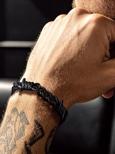 Bandmax Barbed Wire Chain Bracelets for Men Women Stainless Steel/Black/Gold Thorn Cuban Link Bracelet Adjustable Punk Emo Style Jewelry Gift - color: 11 12MM-Black Plated