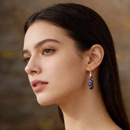 Boho Natural Imperial Jasper Teardrop Dangle Earrings for Women – Hypoallergenic French Hook Stone Drop Earrings Jewelry - color: Purple Golden Hook