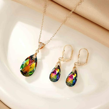 Austrian Crystals Teardrop Pendant Necklace Earrings for Women 14K Gold Plated Hypoallergenic Leverback Drop Dangle Earrings Jewelry Set - color: Vitrail Medium
