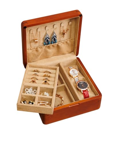 2 Layer Natural Solid Walnut Wood Jewelry Box for Girls Vintage Real Wood Vintage Jewelry Organizer Storage Built in Necklace Hooks for Earrings Rings Necklaces Bracelet Watch Men - color: Khaiki velvet, size: Small 2-Tier(7.1" x 7.1" x 3.3")