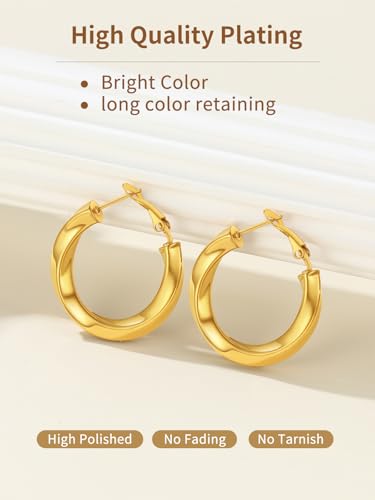 FindChic Twisted Hoop Earrings for Women, Silver/Black/14K Gold Plated Hypoallergenic Hollow Tube Rounded Loop Earrings, 30mm/40mm/60mm/80mm Hoops with Custom Name Options and Gift Box - color: c.Gold, size: 30MM