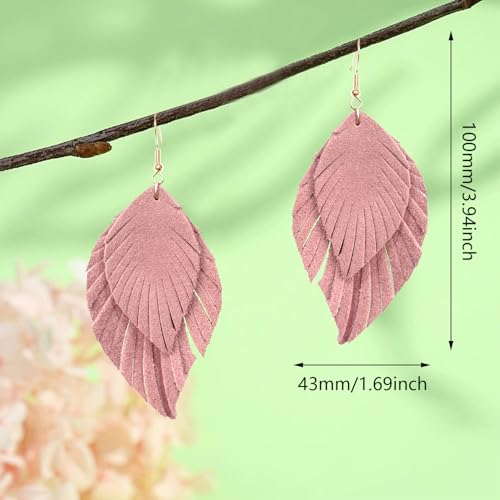 Handmade Bohemian Large Soft Genuine Leather Fringe Double Feather Dangle Drop Earrings Lightweight Simple Color PU Leaf Hook Earrings for Women - color: Pink