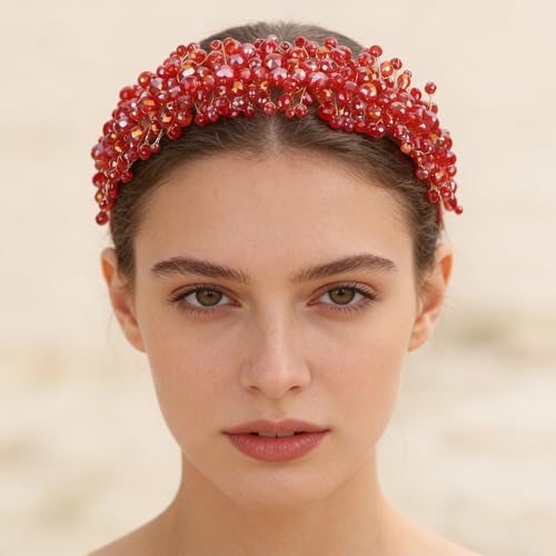 Denifery Large Crystal Headband for Wedding Bridal Hair Band Headpiece for Party Prom Hair Accessories (red) - color: red