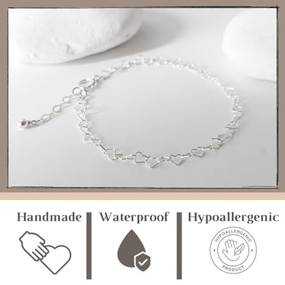 Stacking Bracelet Silver, Minimalist Simple Gourmet Satellite Rectangles Lace Heart Chain Bracelets, 925 Sterling Arm Jewelry for Women, Length 6.5-7.5 Inches - style: Hearts Chain