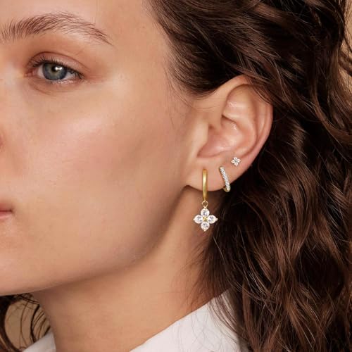 Surgical Steel Small Stud Clover Drop Dangle Huggie Hoop CZ Stud Earrings - color: A-GOLD