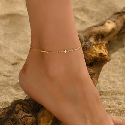Gold Anklets for Women 18K Gold Plated CZ Ankle Bracelet Dainty Droplet Bar Tennis Ankle Trendy Summer Waterproof Beach Foot Chain Jewelry - color: Bar-Gold