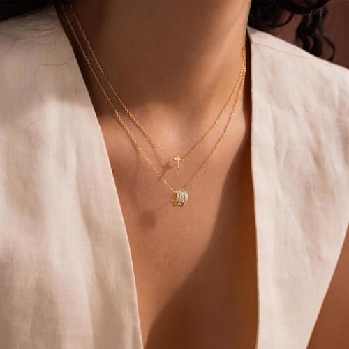 Gold Necklace for Women, Dainty 14K Gold Plated Pendant Necklaces for Women Trendy Simple Choker Chain Cubic Zirconia Circle/Interlocking/Sun/Pearl Necklace Fashion Jewelry Charm Gifts - color: Five CZ Circles