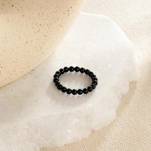NLIEO Handmade Natural Gemstone Crystal Beaded Stretch Band Ring for Women | Handmade, 3mm Natural Stone, Size 7-12, Stretchy, Beaded Jewelry, Green Bead Rings, Trendy Jewelry Gift - style: Black Onyx