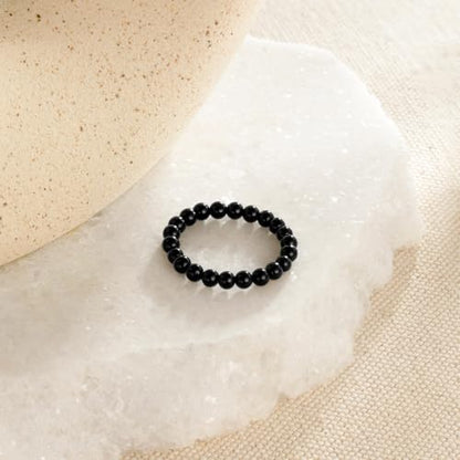 NLIEO Handmade Natural Gemstone Crystal Beaded Stretch Band Ring for Women | Handmade, 3mm Natural Stone, Size 7-12, Stretchy, Beaded Jewelry, Green Bead Rings, Trendy Jewelry Gift - style: Black Onyx