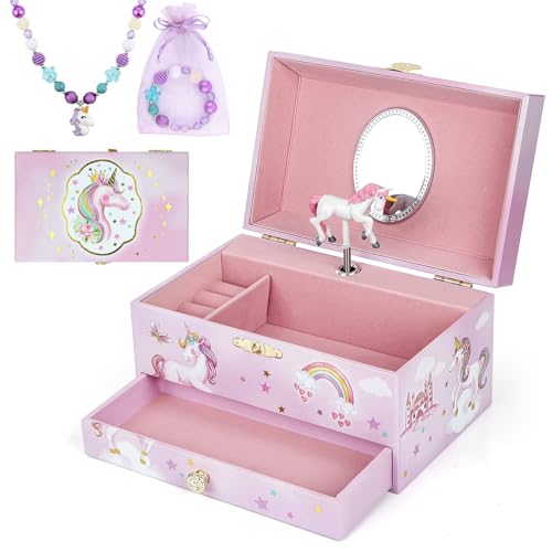 Music Jewellery Box with Drawer Necklace Bracelet, Musical Jewelry Storage Case with Spinning Ballerina Gift Set for Kids Girls Children Daughter (Pink Horse) - color: Pink Horse