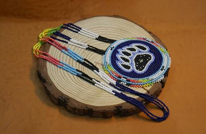 Handmade Native American Style Tribal ethnic Seed Bead Beaded Layered Medallion Necklace - color: Blue Bearpaw