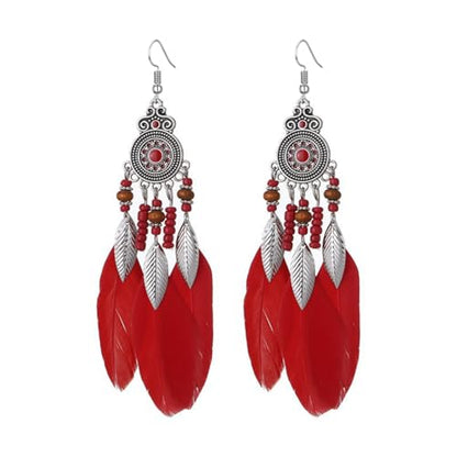 Boho Western Earrings for Women Western Feather Earrings Vintage Concho Turquoise Teardrop Dangle Earrings Country Concert Jewelry Accessories - style: Red feather