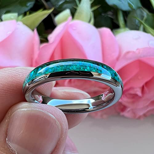 TUTISS 4mm Silver/Black Tungsten Rings for Women Men Engagement Wedding Bands Genuine Blue Green Galaxy Opal Inlay Domed Polished Comfort Fit - color: 4mm Tungsten Green Opal