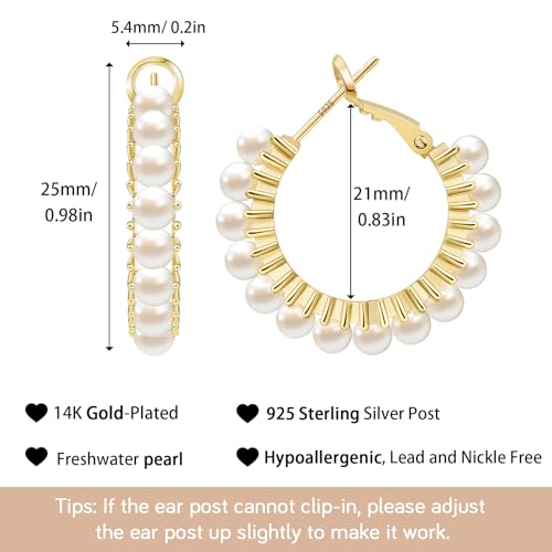 Trendy 14K Gold Plated Hoop Earrings for Women, Chunky Gold/Silver Earrings for Women Cubic Zirconia Baguette Hoop Earrings Heart Hoops Lightweight Hypoallergenic Jewelry,25mm/35mm/40mm/50mm - color: 01 Gold Pearl Hoops 25mm
