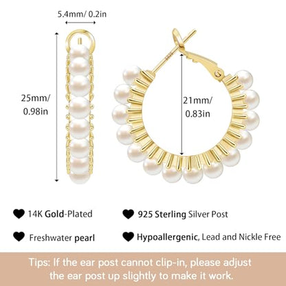 Trendy 14K Gold Plated Hoop Earrings for Women, Chunky Gold/Silver Earrings for Women Cubic Zirconia Baguette Hoop Earrings Heart Hoops Lightweight Hypoallergenic Jewelry,25mm/35mm/40mm/50mm - color: 01 Gold Pearl Hoops 25mm