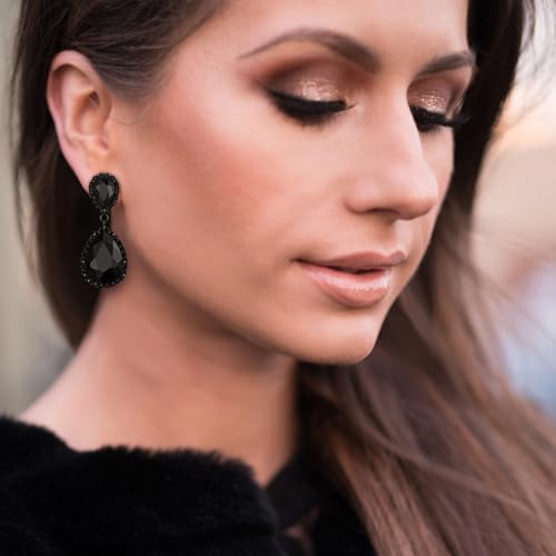 EVER FAITH Women's Austrian Crystal Wedding Tear Drop Dangle Earrings | Bridal Prom Jewelry for Bride Bridesmaid - color: Black Black-Tone