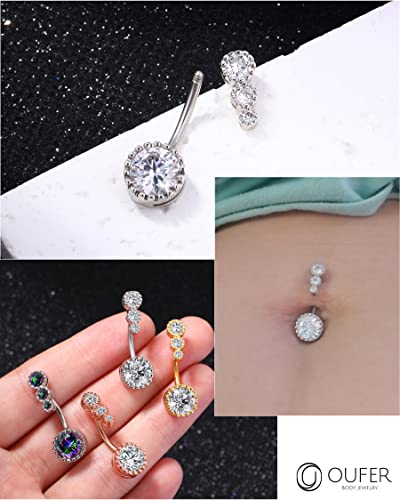 OUFER 316L Surgical Steel Belly Button Rings, Clear CZ Navel Rings, Belly Piercing Jewelry - color: Silver Bar, Clear CZ
