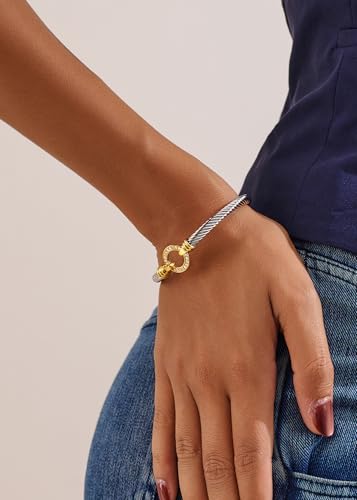 WOWORAMA Twisted Cable Wire Bracelets Two Tone Bangle Bracelet for Women | Stainless Steel, Unisex Gold Silver Bracelet, Mixed Metal Chunky Bangles Jewelry - color: Silver Circle