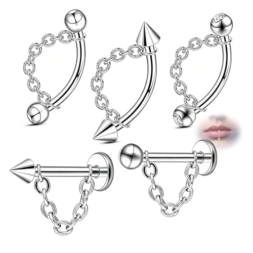 5 Pcs 316L 16G Lip Rings Snake Bite Jewelry Eyebrow Rings Tragus Helix Rook Piercing Jewelry with Chain, Stainless Steel Cartilage Earrings, Belly Button Ring Vertical Labret Lip Piercing Set - color: Silver:6mm