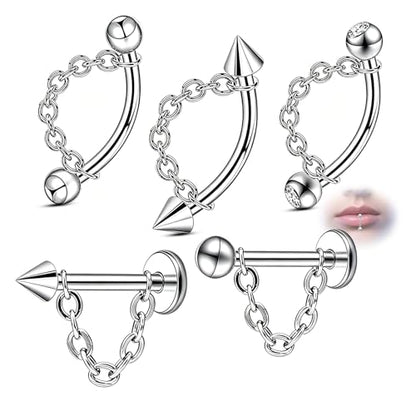 5 Pcs 316L 16G Lip Rings Snake Bite Jewelry Eyebrow Rings Tragus Helix Rook Piercing Jewelry with Chain, Stainless Steel Cartilage Earrings, Belly Button Ring Vertical Labret Lip Piercing Set - color: Silver:8mm