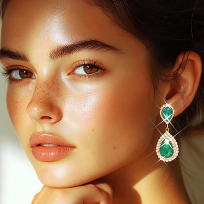 Catery Crystal Wedding Earrings Silver Rhinestone Ear Rings Teardrop Bridal Ear Jewelry for Brides and Women - color: Gold and Green
